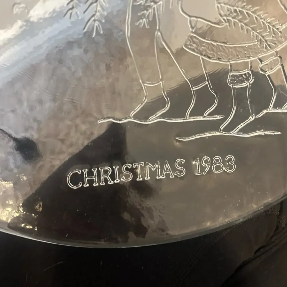 Ethan Allen Gray Glass Art Plate with Christmas Tree Etching